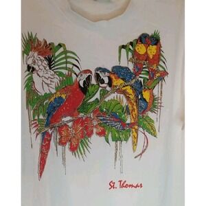 Diamond Dust Parrot St Thomas T-Shirt 90s Large Vintage White Short Sleeve Spark